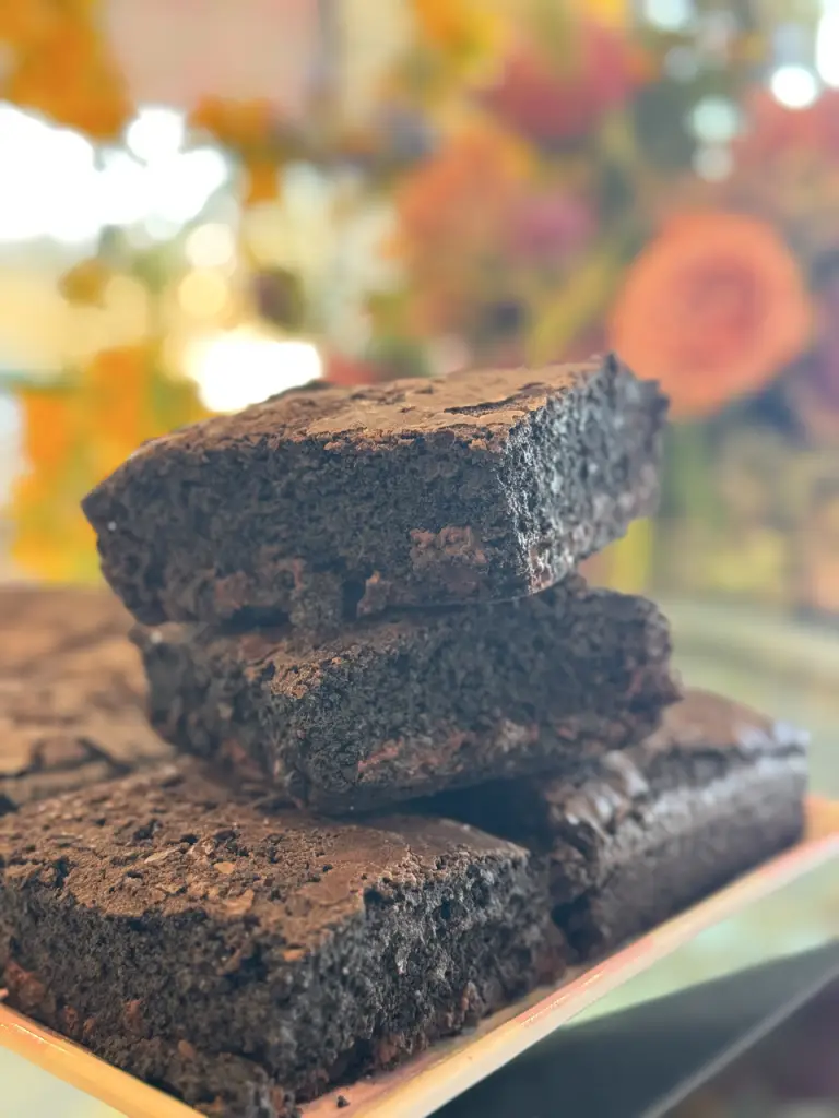 Fresh brownies cut up on a display